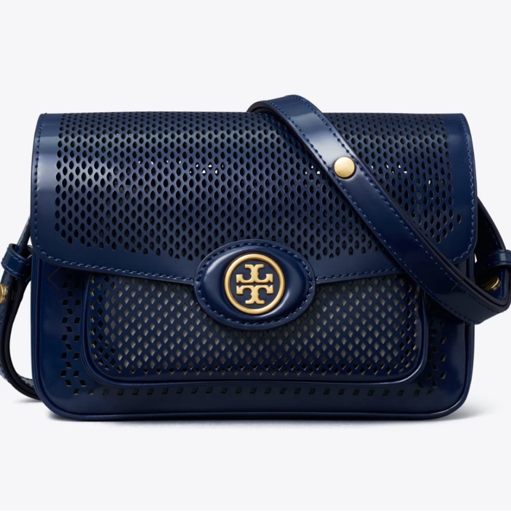 Tory Burch ROBINSON PERFORATED SHOULDER BAG in Royal Navy